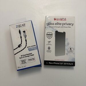 Zagg iPhone Xs/X Glass Privacy Screen Protector & 10ft Braided Charge Cable Lot